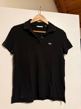 Lacoste Women's Black Short-Sleeve Pique Polo with Green Crocodile